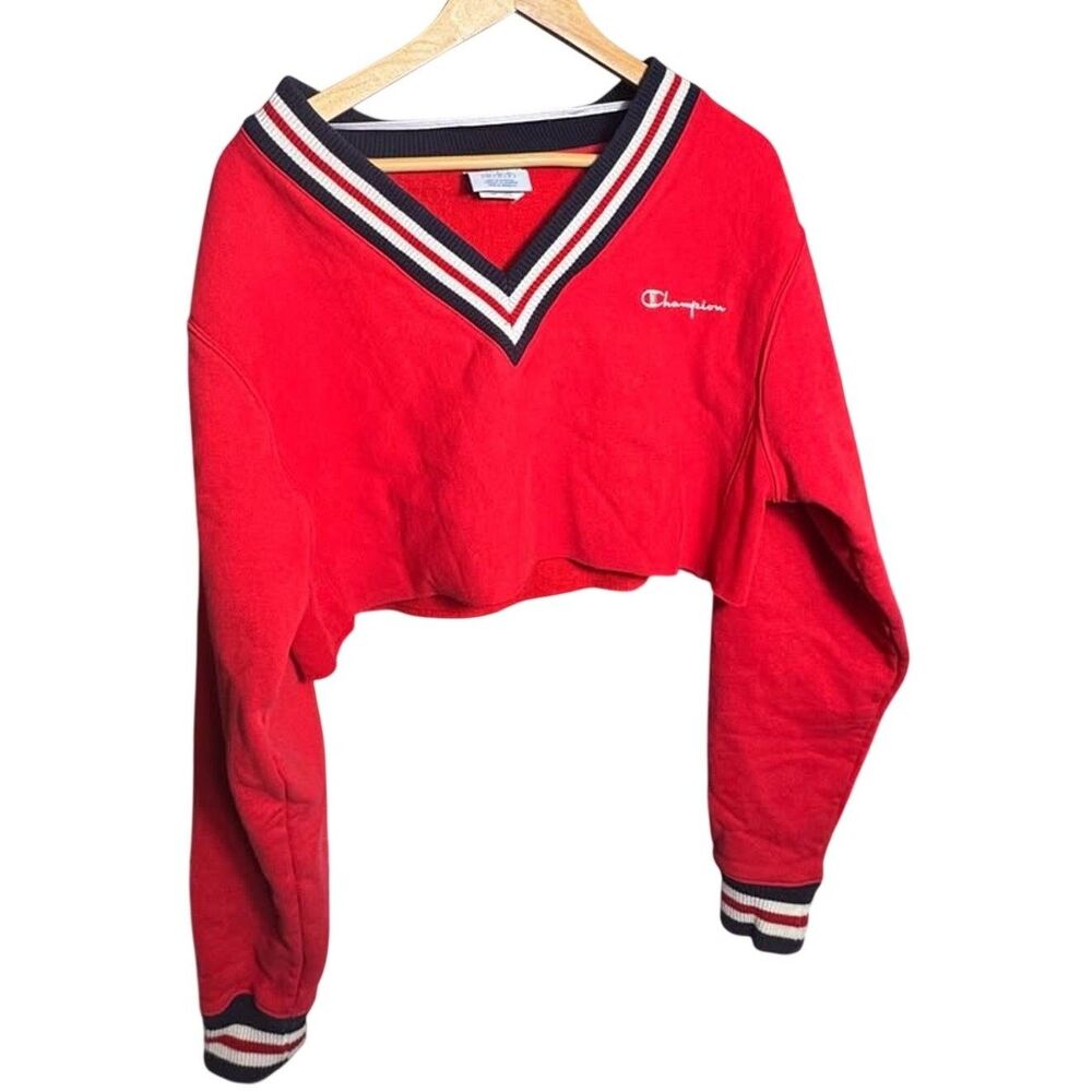 Champion Reverse Weave Cropped V-Neck Sweatshirt Red Women's Small Varsity